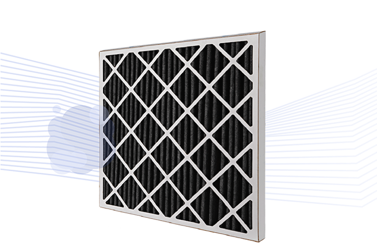 A rectangular air filter with a white frame and black mesh is shown with a stylized graphic background suggesting air flow and filtration.