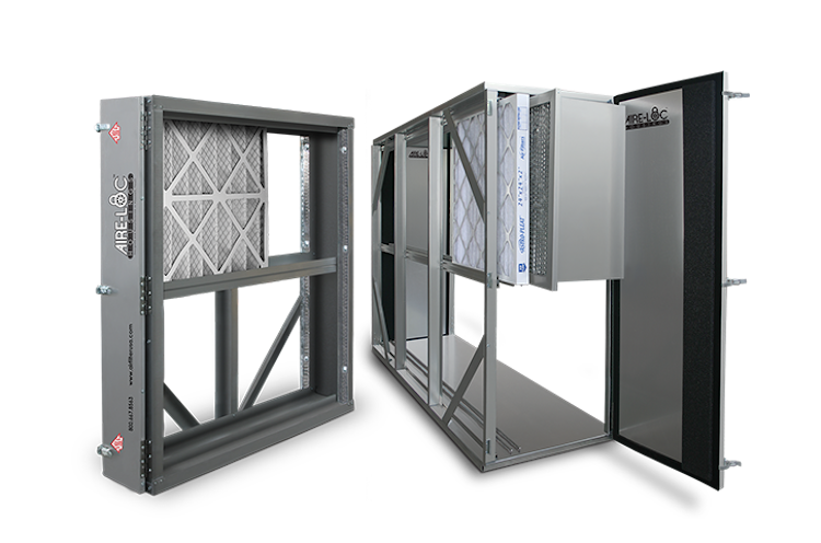 Image of two industrial air filtration units, one open showing internal filters and components, the other closed. Both are constructed from metal frames and include panel filters.