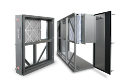 Image of two industrial air filtration units, one open showing internal filters and components, the other closed. Both are constructed from metal frames and include panel filters.