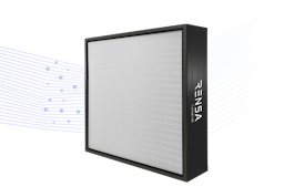 A black-framed air filter with a white surface is positioned against a background featuring blue lines.