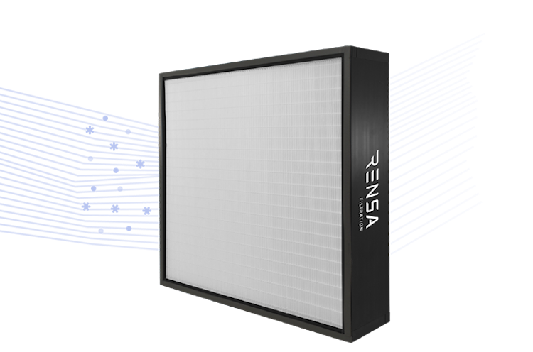 A black-framed air filter with a white surface is positioned against a background featuring blue lines.